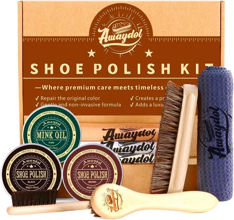 Awaydol 10 PCS Shoe Polish Kit - Horsehair Brushes, Black Brown Polish Cream,Mink Oil Conditioner for Shoes,Polishing Cloth, Leather Boots Shine Care Kit ﻿Gift for Men Cowboy Husband Dad ﻿ - Image 1